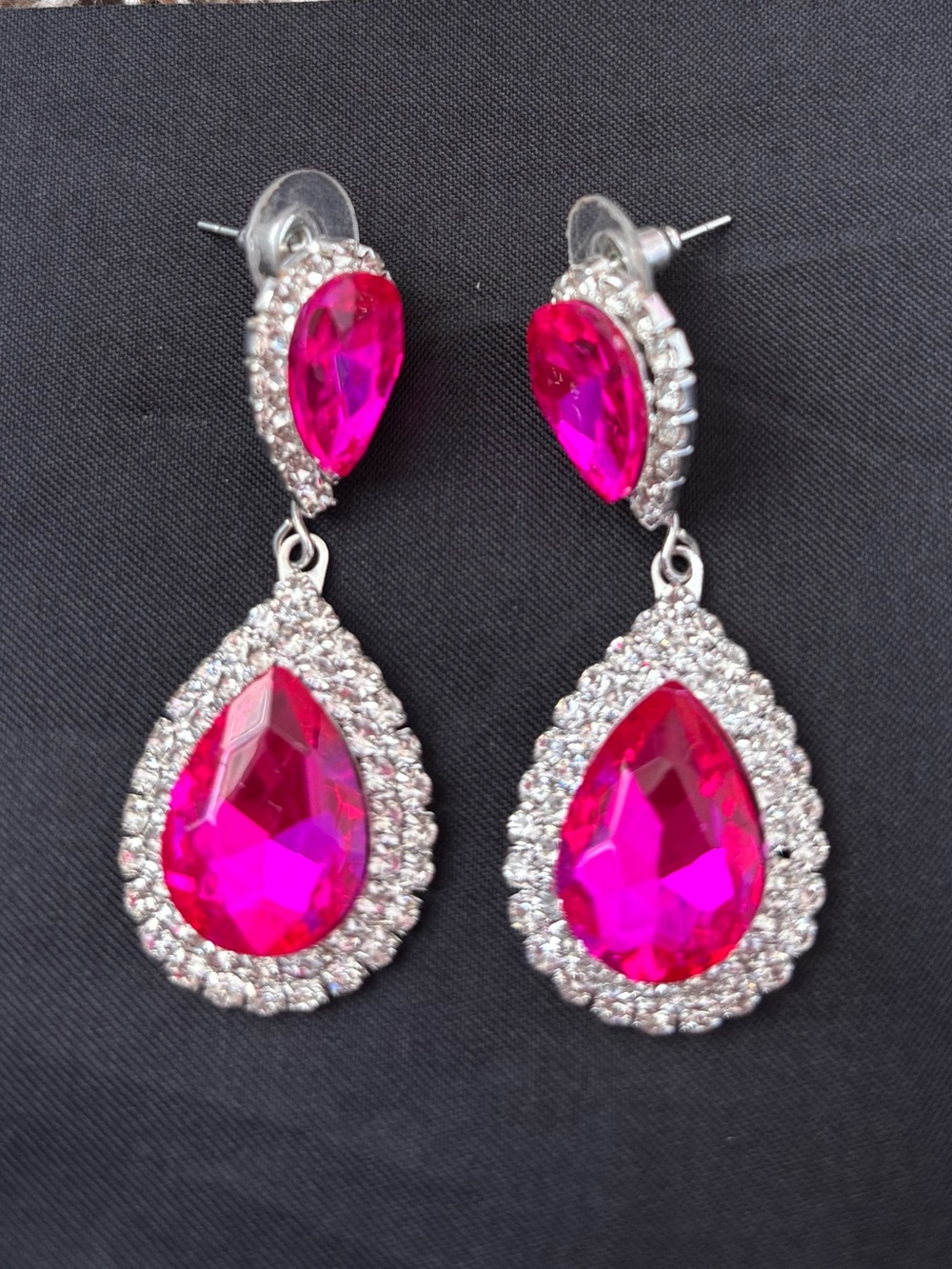Bright Fuchsia Teardrop Dangle Earrings with Crystal Halo